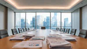 Mesa de juntas corporativa con documentos y vistas a un distrito financiero.