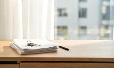 Llaves de una vivienda sobre un contrato de arrendamiento en una mesa de despacho
