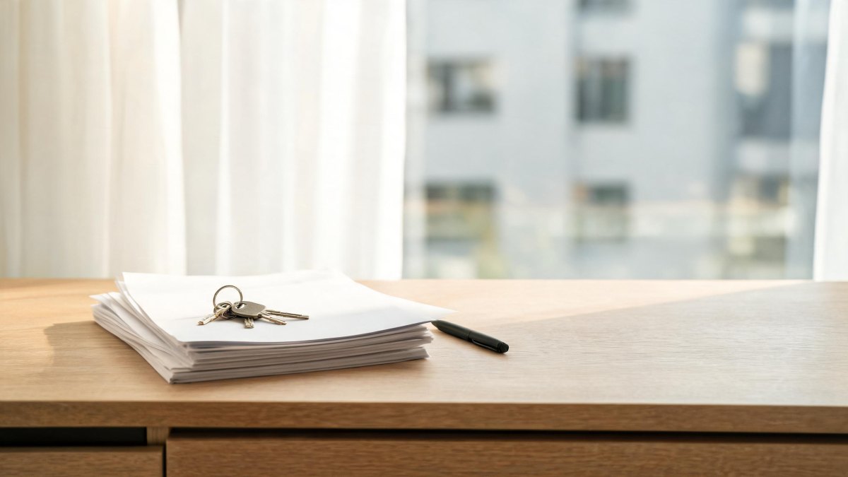 Llaves de una vivienda sobre un contrato de arrendamiento en una mesa de despacho