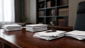 Documentos financieros y contractuales sobre un escritorio jurídico.