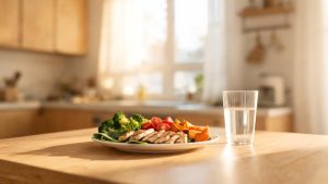 Plato de comida saludable con verduras y proteínas sobre una mesa de madera.