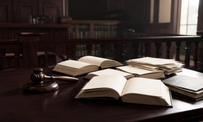 Mazo de juez y compendio de leyes sobre una mesa de madera en una sala judicial.