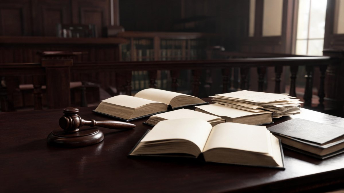 Mazo de juez y compendio de leyes sobre una mesa de madera en una sala judicial.