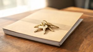 Llaves de vivienda sobre una carpeta de documentación jurídica en un despacho.