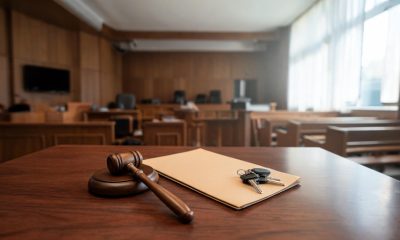 Llaves de coche y mazo de juez sobre una mesa de madera en una sala de vistas judicial.