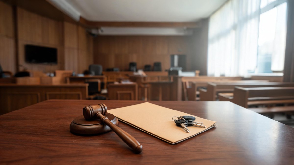Llaves de coche y mazo de juez sobre una mesa de madera en una sala de vistas judicial.