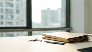 Llaves de vivienda sobre una mesa junto a carpetas de expedientes bancarios desenfocadas.