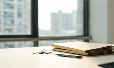 Llaves de vivienda sobre una mesa junto a carpetas de expedientes bancarios desenfocadas.