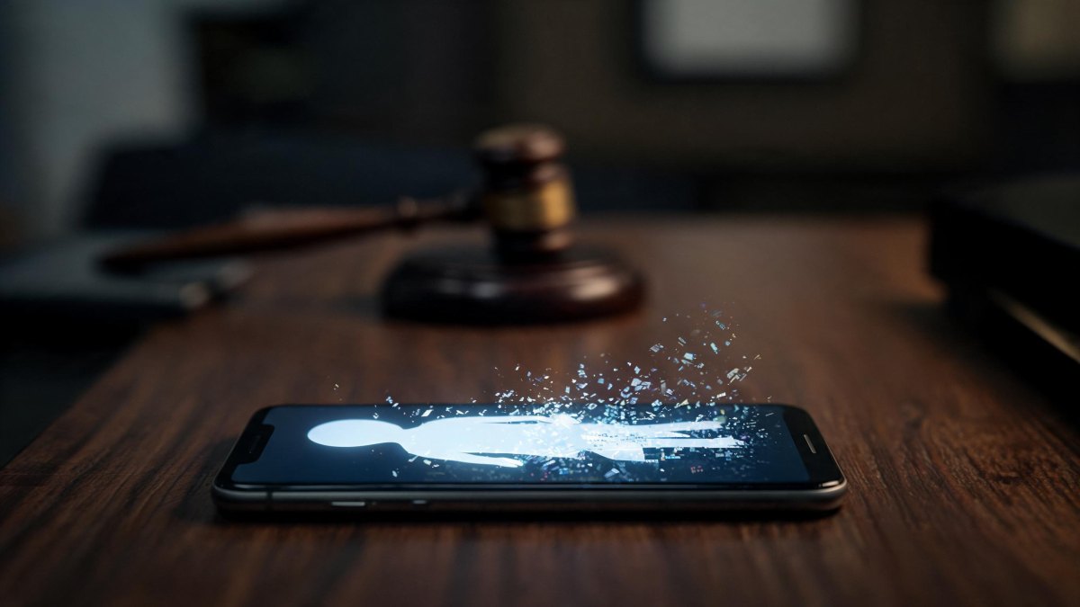 Teléfono inteligente sobre una mesa mostrando una figura digital abstracta junto a un mazo judicial desenfocado