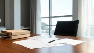 Mesa de oficina jurídica con expedientes y carpetas de evaluación de candidatos.