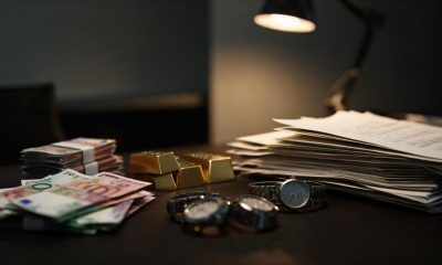 Bienes intervenidos en una investigación económica, incluyendo lingotes de oro, relojes y documentos financieros sobre una mesa.