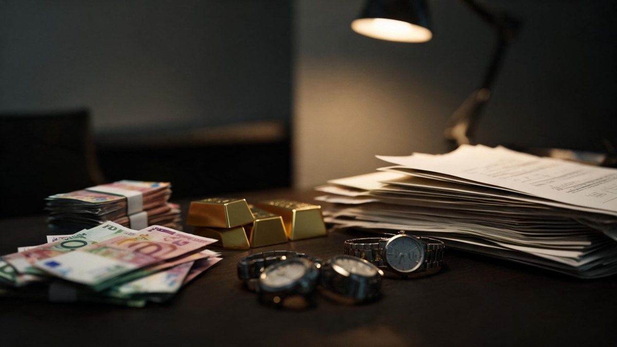 Bienes intervenidos en una investigación económica, incluyendo lingotes de oro, relojes y documentos financieros sobre una mesa.