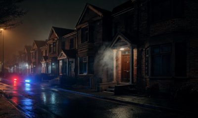 Exterior de una vivienda en una calle nocturna con señales de humo y luces de emergencia reflejadas.