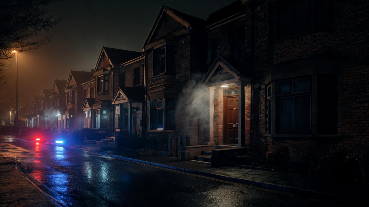 Exterior de una vivienda en una calle nocturna con señales de humo y luces de emergencia reflejadas.