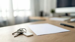 Llaves de una vivienda sobre una mesa de despacho junto a documentos de contrato.