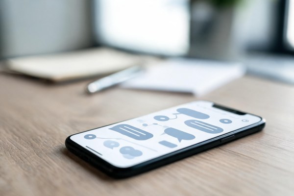 Teléfono inteligente sobre una mesa mostrando iconos abstractos de aplicaciones digitales.