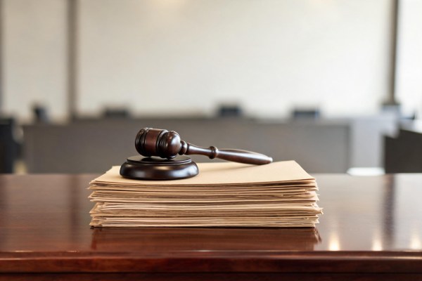 Mazo judicial de madera sobre expedientes jurídicos en un estrado judicial.