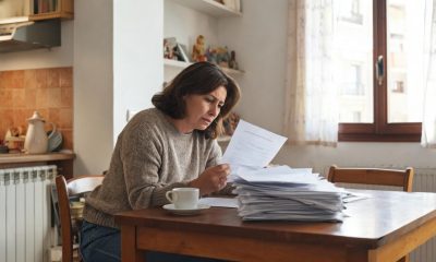 Una inversora revisa extractos bancarios y certificados de inversión en la mesa de su casa