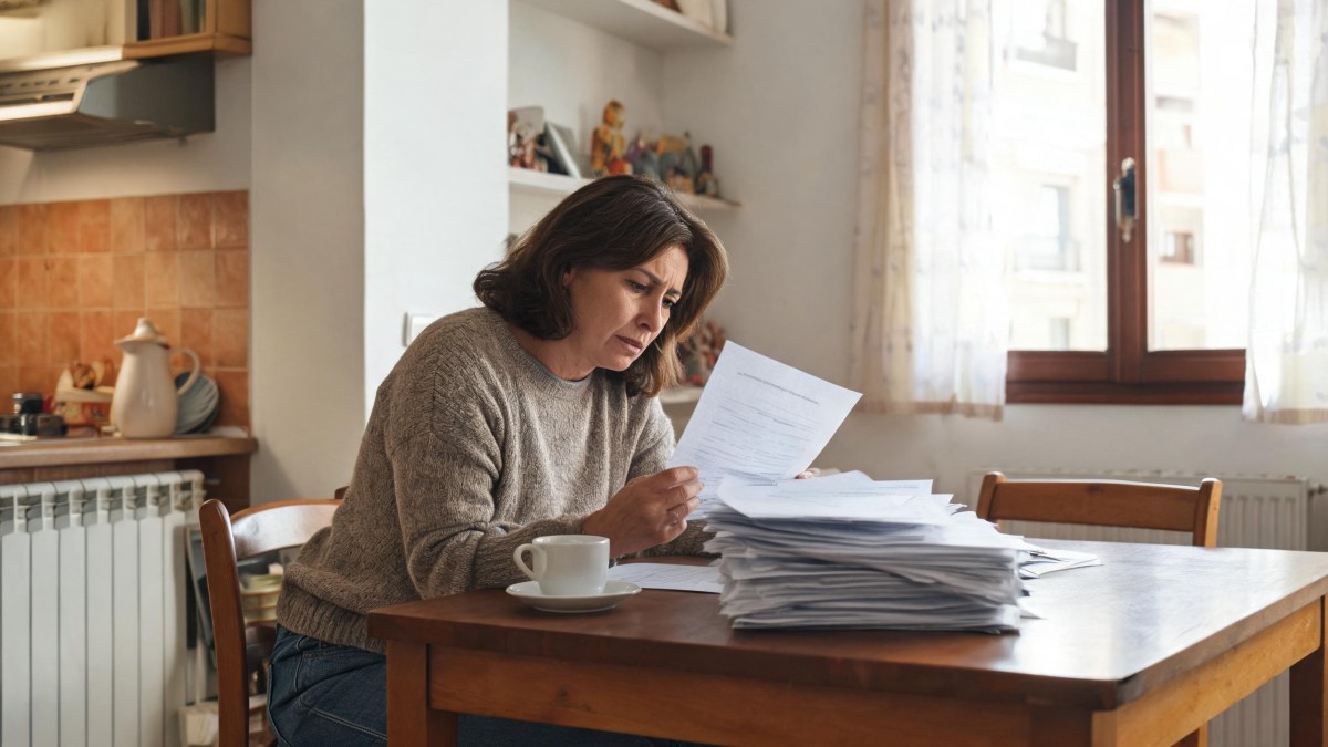Una inversora revisa extractos bancarios y certificados de inversión en la mesa de su casa