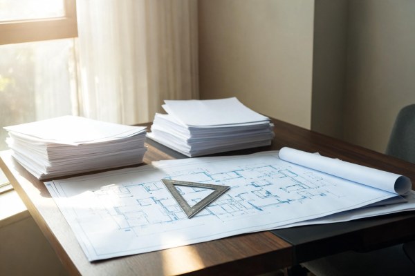 Planos urbanísticos y normativa sobre una mesa de trabajo técnico