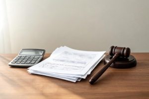 Calculadora, mazo judicial y expedientes sobre un escritorio jurídico.