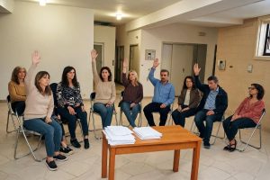 Reunión de vecinos en el portal de un edificio votando un acuerdo de la comunidad