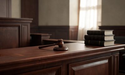 Sala de vistas judicial en un tribunal penal con códigos y mazo de madera sobre la mesa.