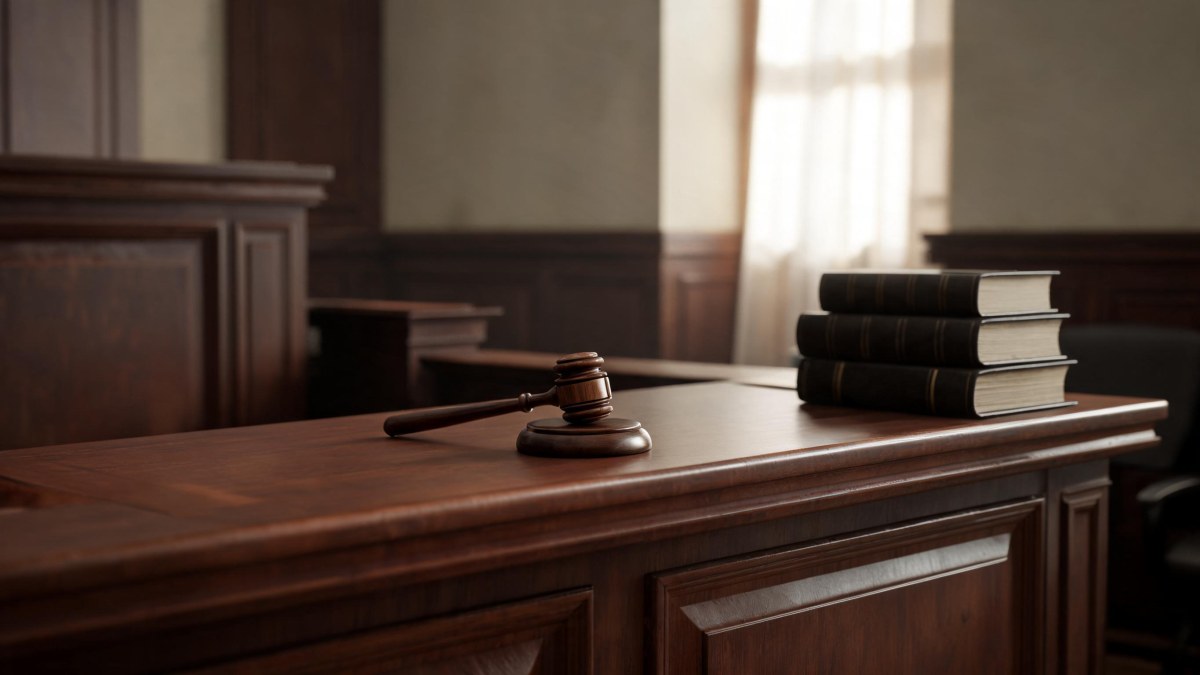 Sala de vistas judicial en un tribunal penal con códigos y mazo de madera sobre la mesa.