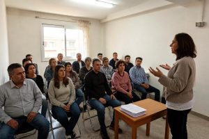 Reunión de vecinos de una comunidad de garajes debatiendo una propuesta