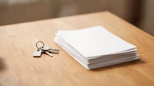 Juego de llaves sobre un documento de contrato de arrendamiento en una mesa de madera.