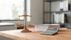 Balanza de la justicia sobre un escritorio junto a informes y calculadora.