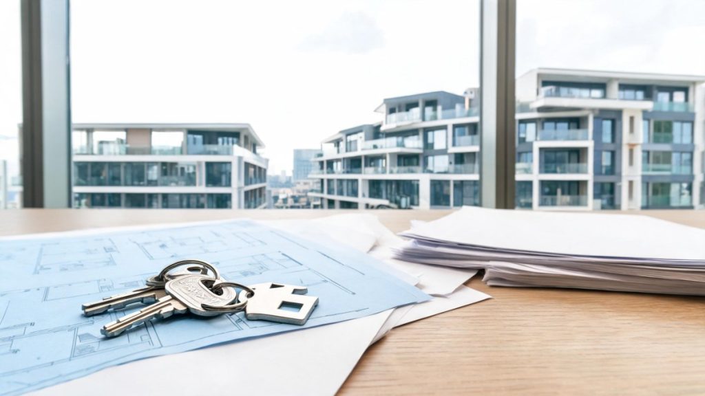 Llaves de vivienda sobre documentos y planos residenciales