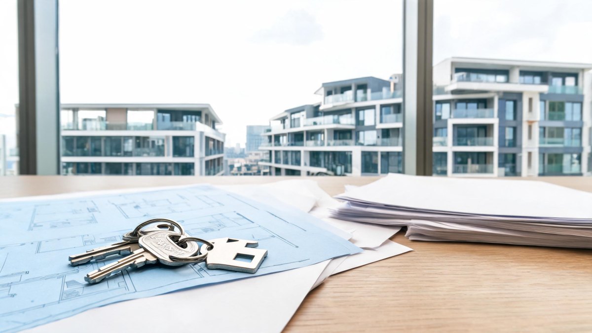 Llaves de vivienda sobre documentos y planos residenciales
