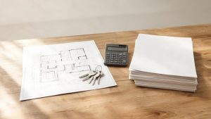 Llaves de vivienda y documentos sobre una mesa de trabajo