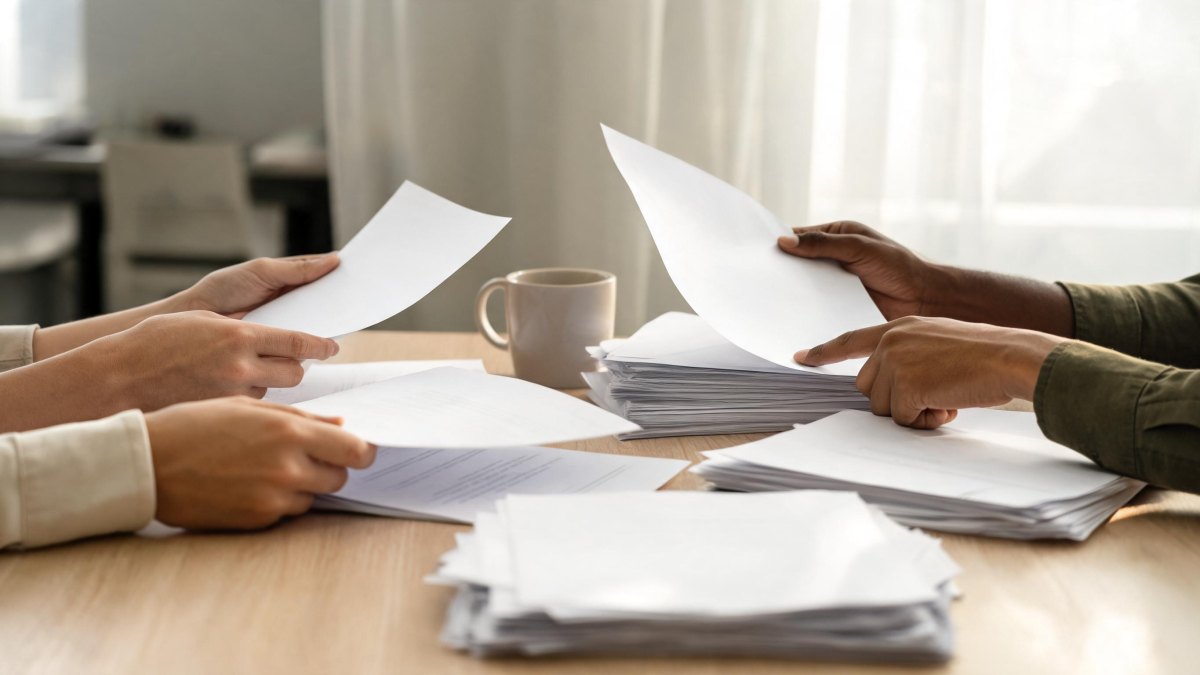 Documentos laborales y administrativos sobre una mesa de trabajo en una oficina.