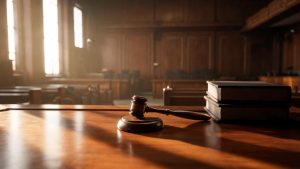 Mazo judicial de madera reposando sobre un escritorio jurídico con documentos desenfocados.