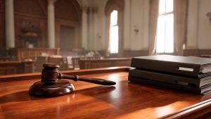 Mazo judicial y documentos sobre un escritorio de madera en una sala de vistas.
