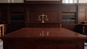 Mesa de estrados judiciales con libros jurídicos y balanza de la justicia en penumbra.