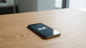 Smartphone sobre una mesa con la pantalla iluminada mostrando una notificación de mensajería.