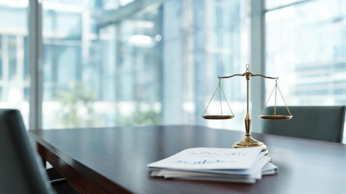 Balanza de justicia en un entorno financiero y legal moderno.