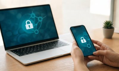Dispositivos móviles y ordenador sobre un escritorio simulando operaciones de banca digital.