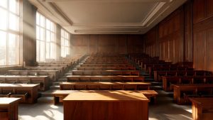 Aula universitaria vacía iluminada por luz natural que representa el ámbito de la normativa académica.