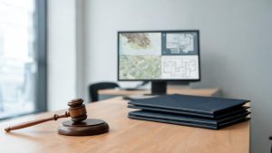 Mesa de despacho jurídico con planos de inmuebles y un mazo judicial en un entorno desenfocado.
