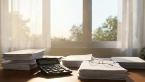 Escritorio con documentos administrativos de evaluación económica, calculadora y gafas.