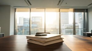 Escritorio de oficina con carpetas y documentos legales en un entorno corporativo.