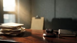 Carpetas de expedientes laborales y un mazo judicial sobre un escritorio de madera.