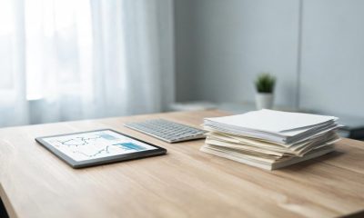 Mesa de oficina con ordenador y herramientas de gestión contable y facturación.