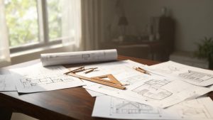 Planos técnicos de arquitectura sobre una mesa de madera para la reconstrucción de una vivienda