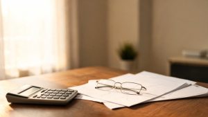Calculadora y documentos de análisis financiero sobre una mesa de madera.