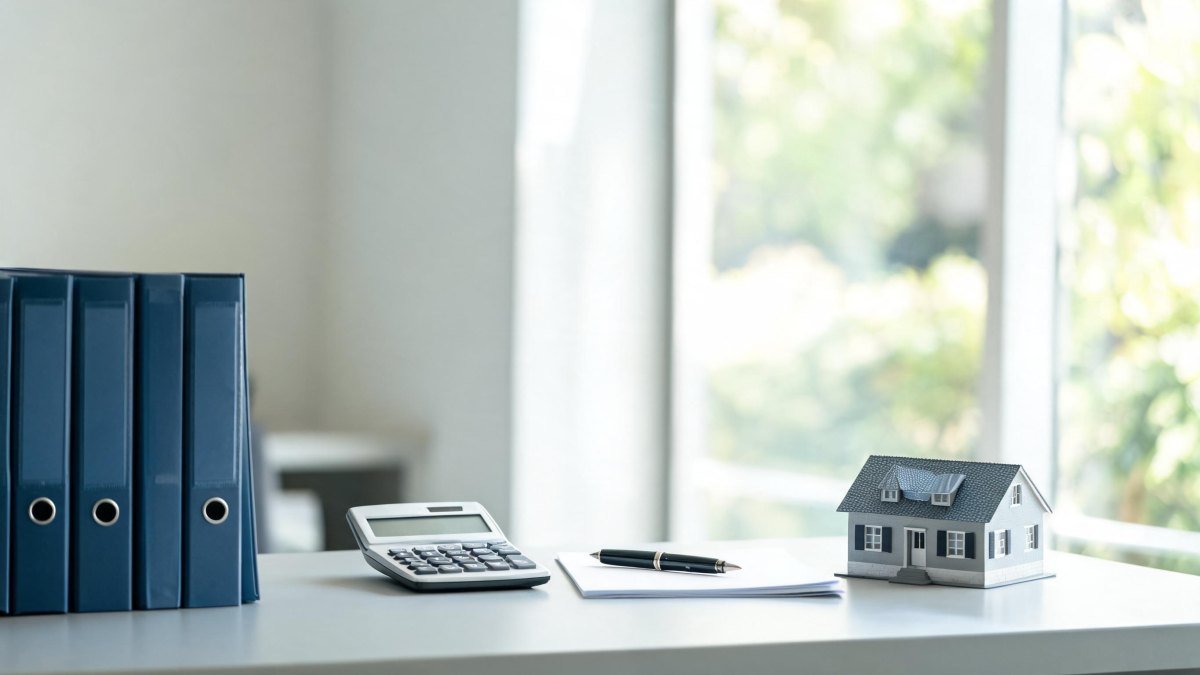 Documentos financieros, pluma estilográfica y maqueta de una casa sobre una mesa de madera de un despacho legal.